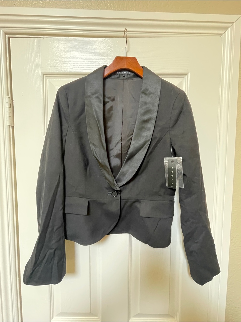 Windsor Black Satin-Trim Tuxedo Cropped Blazer